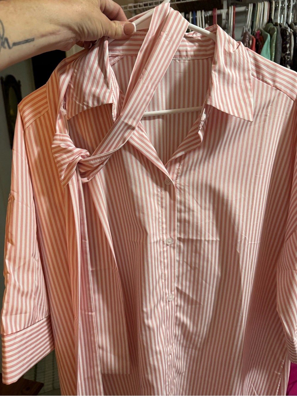 Pink and White Striped Button-Up Dress with belt